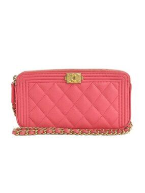 Chanel Boy Chain Clutch Wallet Bag Caviar Leather Pink